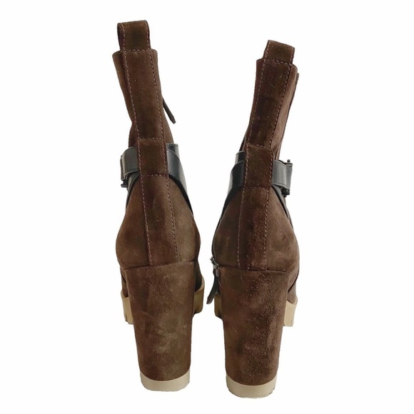 LA CANADIENNE BROWN SUEDE BLACK LEATHER STRAP CHUNKY TAN HEELED BOOTIES - 41 - Picture 4 of 10